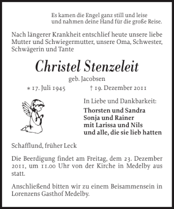 Traueranzeige von Christel Stenzeleit von Flensburger Tageblatt
