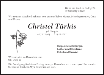 Traueranzeige von Christel Türkis von Der Insel-Bote
