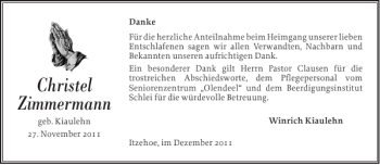 Traueranzeige von Christel Zimmermann von Norddeutsche Rundschau