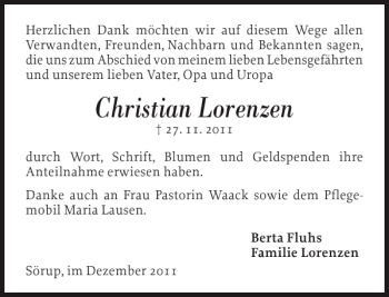 Traueranzeige von Christian Lorenzen von Flensburger Tageblatt
