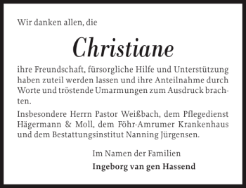 Traueranzeige von Christiane  von Der Insel-Bote