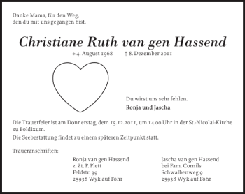 Traueranzeige von Christiane Ruth van gen Hassend von Der Insel-Bote