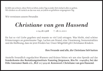 Traueranzeige von Christiane van gen Hassend von Der Insel-Bote