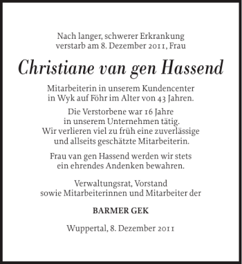 Traueranzeige von Christiane van gen Hassend von Der Insel-Bote