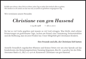 Traueranzeige von Christiane van gen Hassend von Der Insel-Bote