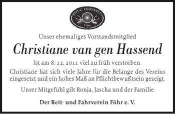 Traueranzeige von Christiane van gen Hassend von Der Insel-Bote