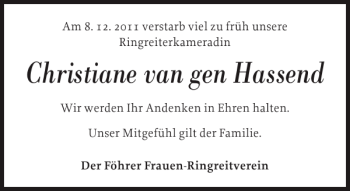 Traueranzeige von Christiane van gen Hassend von Der Insel-Bote