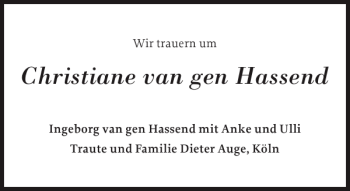 Traueranzeige von Christiane van gen Hassend von Der Insel-Bote
