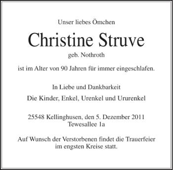 Traueranzeige von Christine Struve von Norddeutsche Rundschau