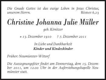 Traueranzeige von Christine Johanna Julie Müller von Holsteinischer Courier