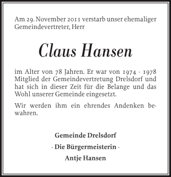 Traueranzeige von Claus Hansen von Husumer Nachrichten
