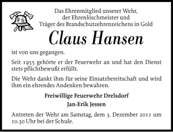 Traueranzeige von Claus Hansen von Husumer Nachrichten