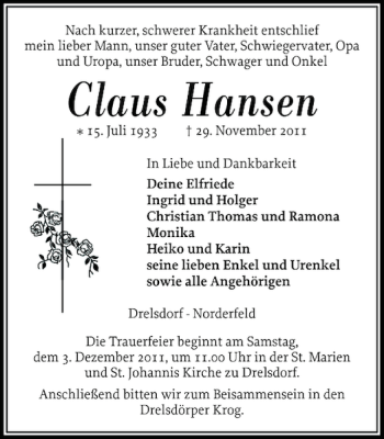 Traueranzeige von Claus Hansen von Husumer Nachrichten