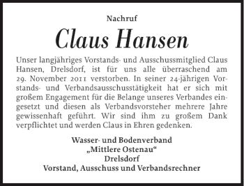 Traueranzeige von Claus Hansen von Husumer Nachrichten