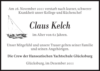 Traueranzeige von Claus Kelch von Flensburger Tageblatt