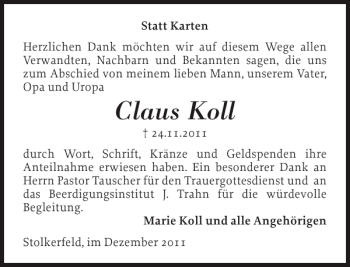 Traueranzeige von Claus Koll von Flensburger Tageblatt