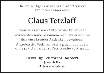 Traueranzeige von Claus Tetzlaff von Eckernförder Zeitung