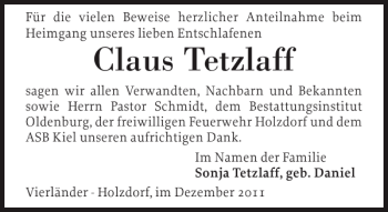 Traueranzeige von Claus Tetzlaff von Eckernförder Zeitung
