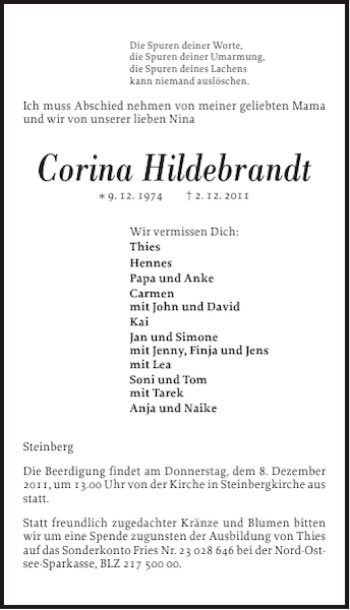 Traueranzeige von Corina Hildebrandt von Flensburger Tageblatt