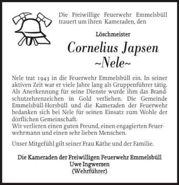 Traueranzeige von Cornelius Japsen Nele von Nordfriesland Tageblatt