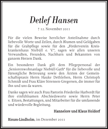 Traueranzeige von Detlef Hansen von Nordfriesland Tageblatt