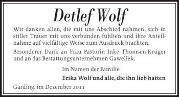Traueranzeige von Detlef Wolf von Husumer Nachrichten