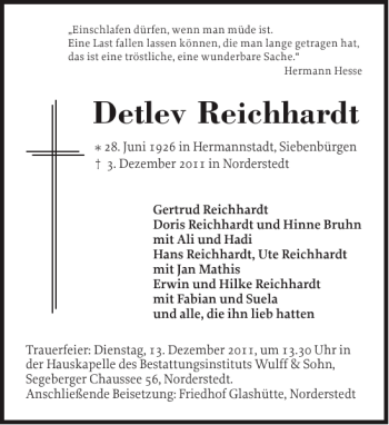Traueranzeige von Detlev Reichhardt von Holsteinischer Courier