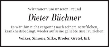 Traueranzeige von Dieter Büchner von Sylter Rundschau