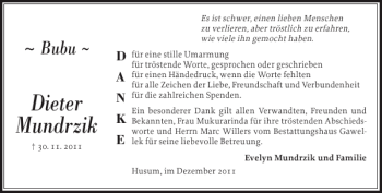 Traueranzeige von Dieter Mundrzik von Husumer Nachrichten