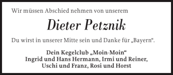 Traueranzeige von Dieter Petznik von Flensburger Tageblatt