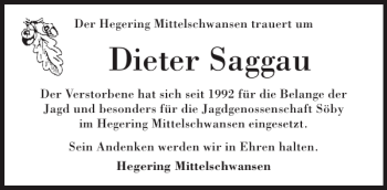 Traueranzeige von Dieter Saggau von Eckernförder Zeitung