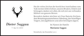 Traueranzeige von Dieter Saggau von Eckernförder Zeitung