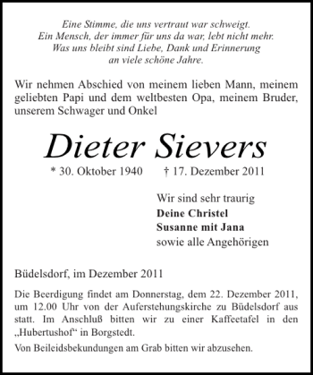 Traueranzeige von Dieter Sievers von Landeszeitung