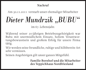Traueranzeige von Dieter Mundrzik BUBU von Husumer Nachrichten