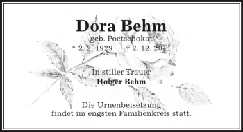 Traueranzeige von Dora Behm von Pinneberger Tageblatt