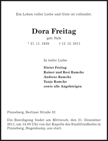 Traueranzeige von Dora Freitag von Pinneberger Tageblatt