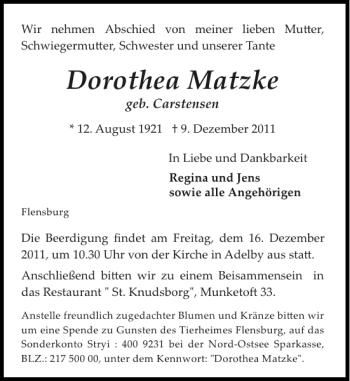 Traueranzeige von Dorothea Matzke von Flensburger Tageblatt