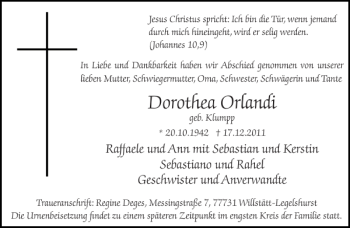 Traueranzeige von Dorothea Orlandi von Schleswiger Nachrichten