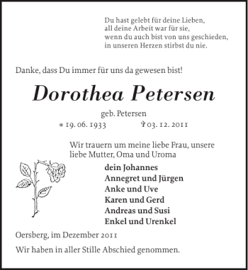 Traueranzeige von Dorothea Petersen von Schlei-Bote