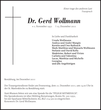 Traueranzeige von Dr. Gerd Wollmann von Landeszeitung