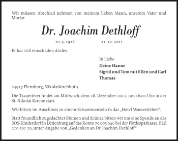 Traueranzeige von Dr. Joachim Dethloff von Flensburger Tageblatt