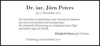 Traueranzeige von Dr. iur. Jörn Peters von Flensburger Tageblatt
