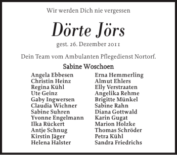 Traueranzeige von Dörte Jörs von Landeszeitung
