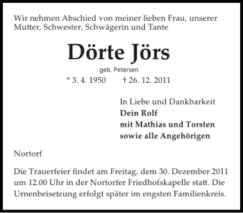 Traueranzeige von Dörte Jörs von Landeszeitung