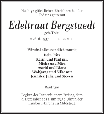 Traueranzeige von Edeltraut Bergstaedt von Husumer Nachrichten
