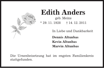 Traueranzeige von Edith Anders von Pinneberger Tageblatt