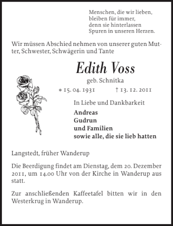 Traueranzeige von Edith Voss von Flensburger Tageblatt