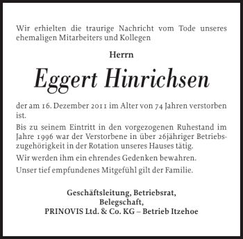 Traueranzeige von Eggert Hinrichsen von Norddeutsche Rundschau