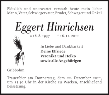 Traueranzeige von Eggert Hinrichsen von Norddeutsche Rundschau