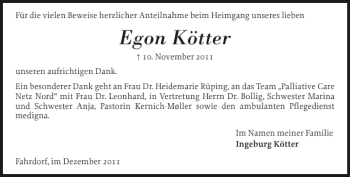 Traueranzeige von Egon Kötter von Schleswiger Nachrichten